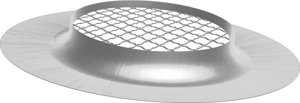 Metallic 3D model of an intake ring with woven wire mesh on white background